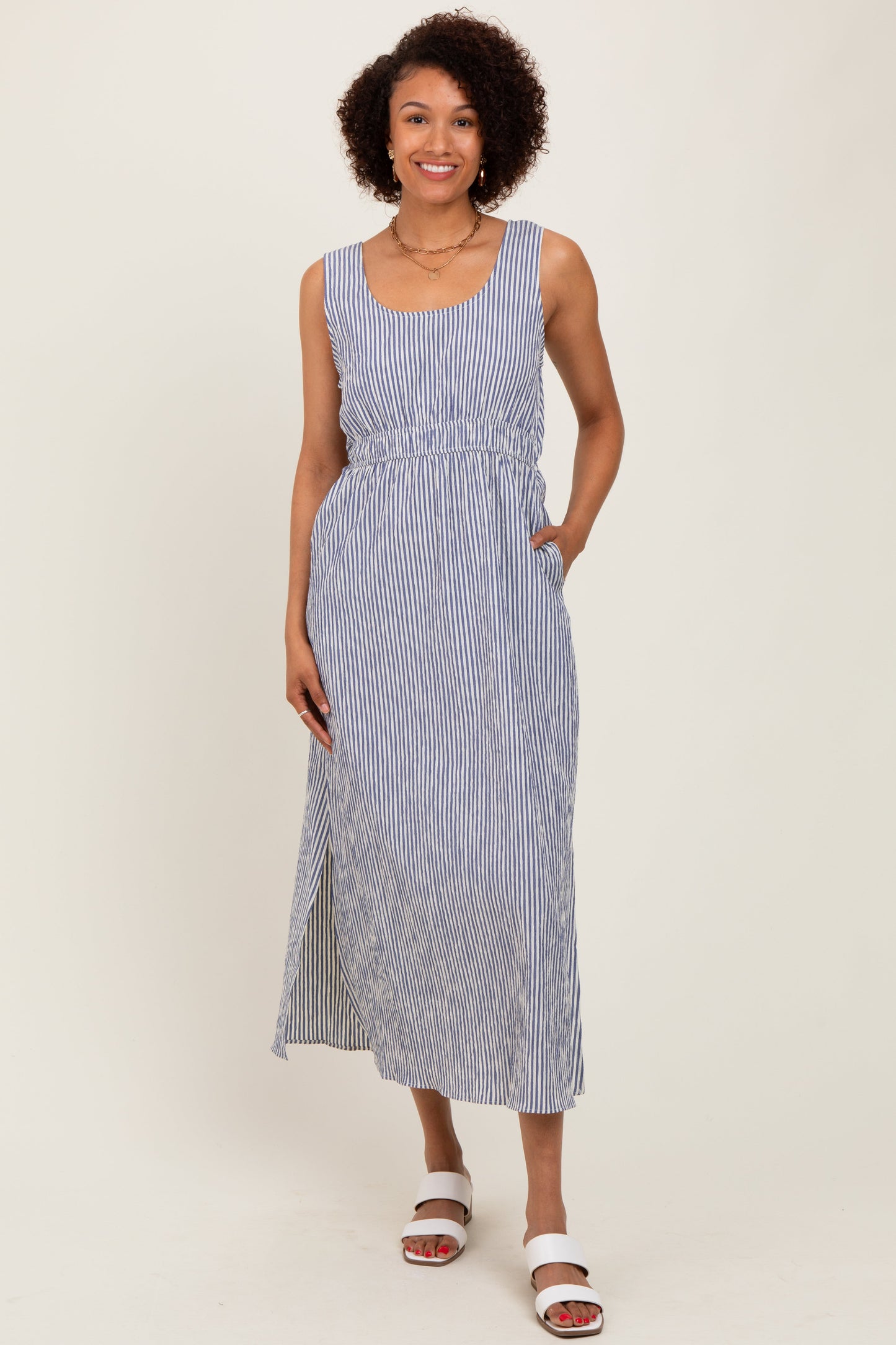 Navy Striped Sleeveless Cutout Side Slit Maternity Maxi Dress