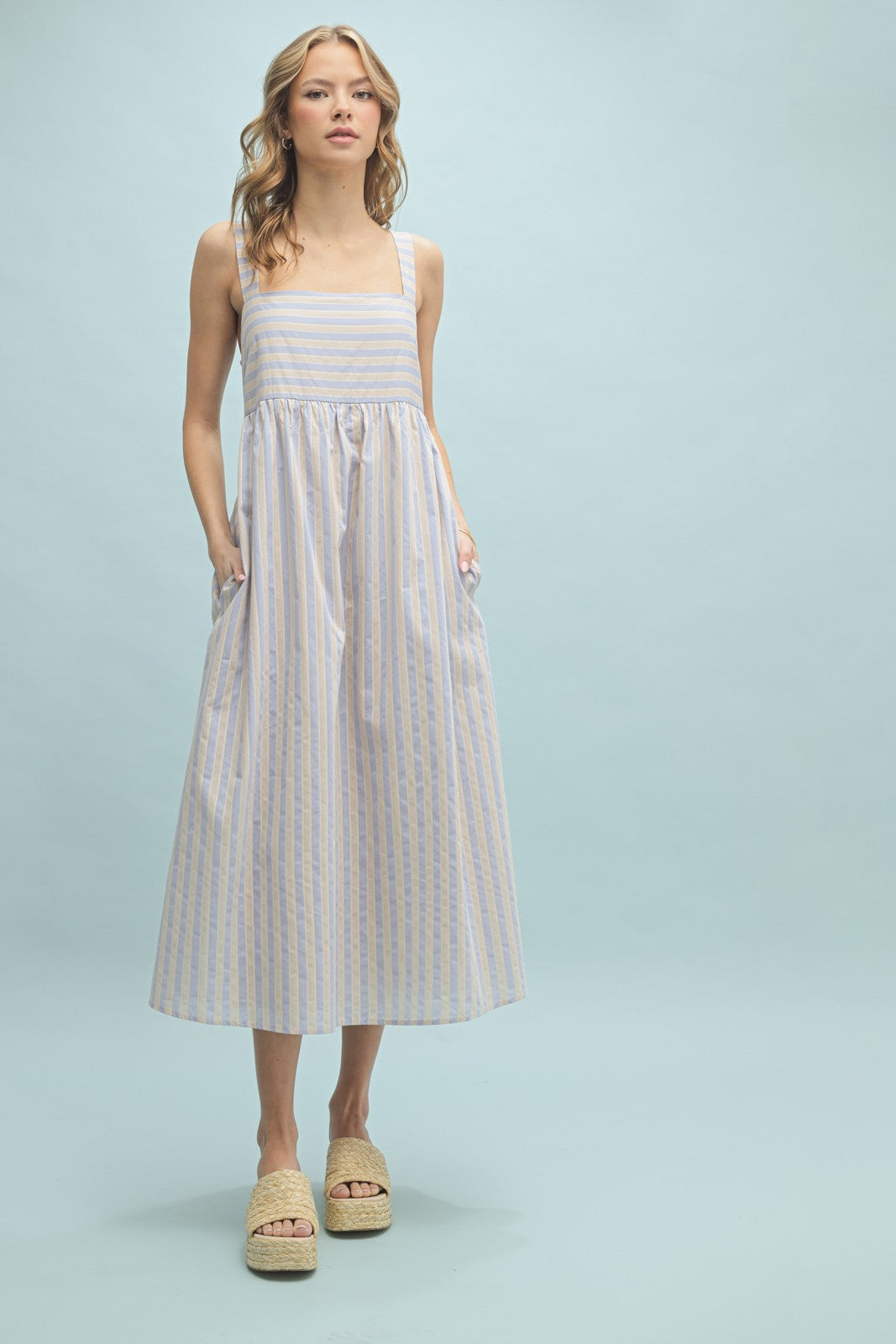 Blue Striped Sleeveless Maternity Midi Dress
