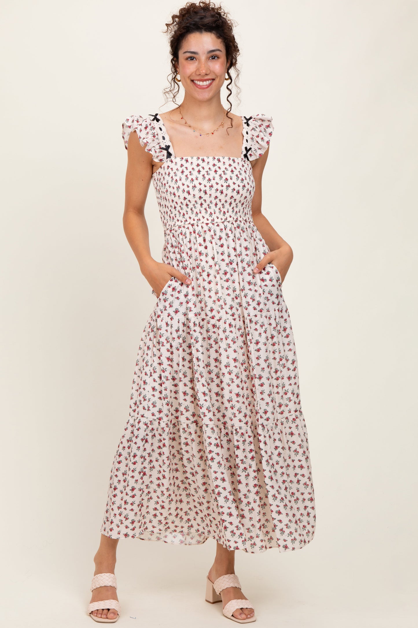 Red Floral Bow Trim Lace Detail Smocked Maternity Maxi Dress