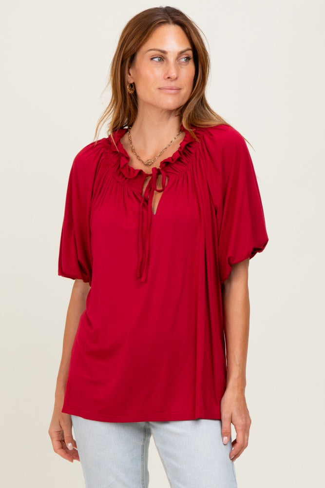 Burgundy Half Balloon Sleeve Maternity Top