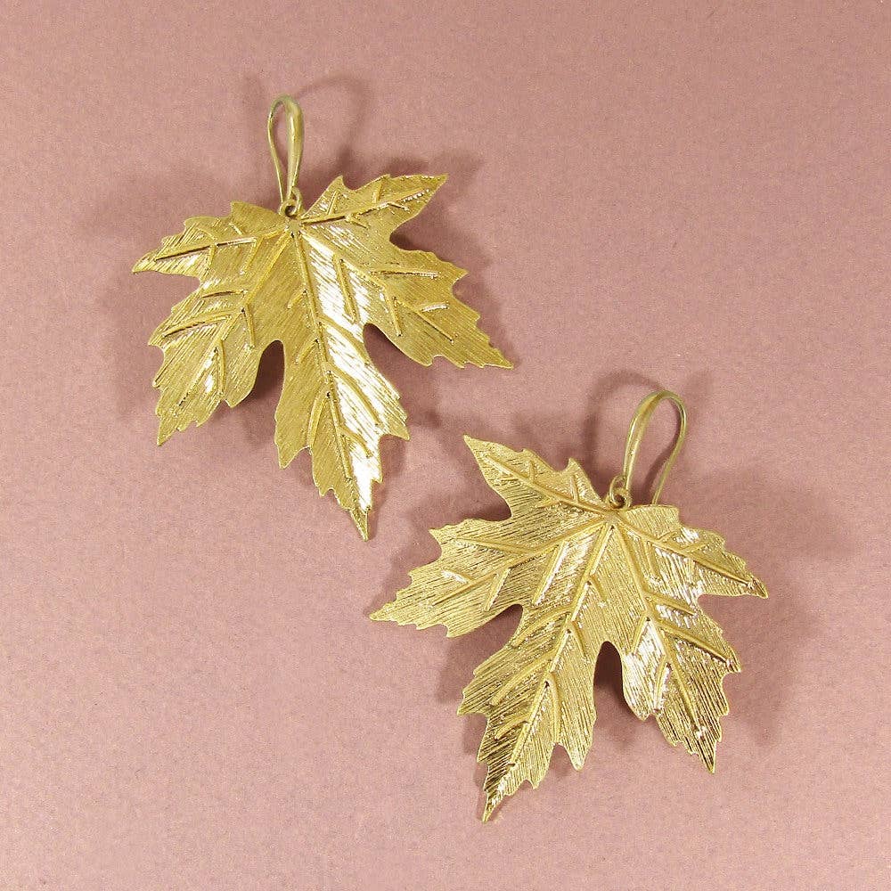 Delicate Textured Metal Maple Leaf Hook Earrings