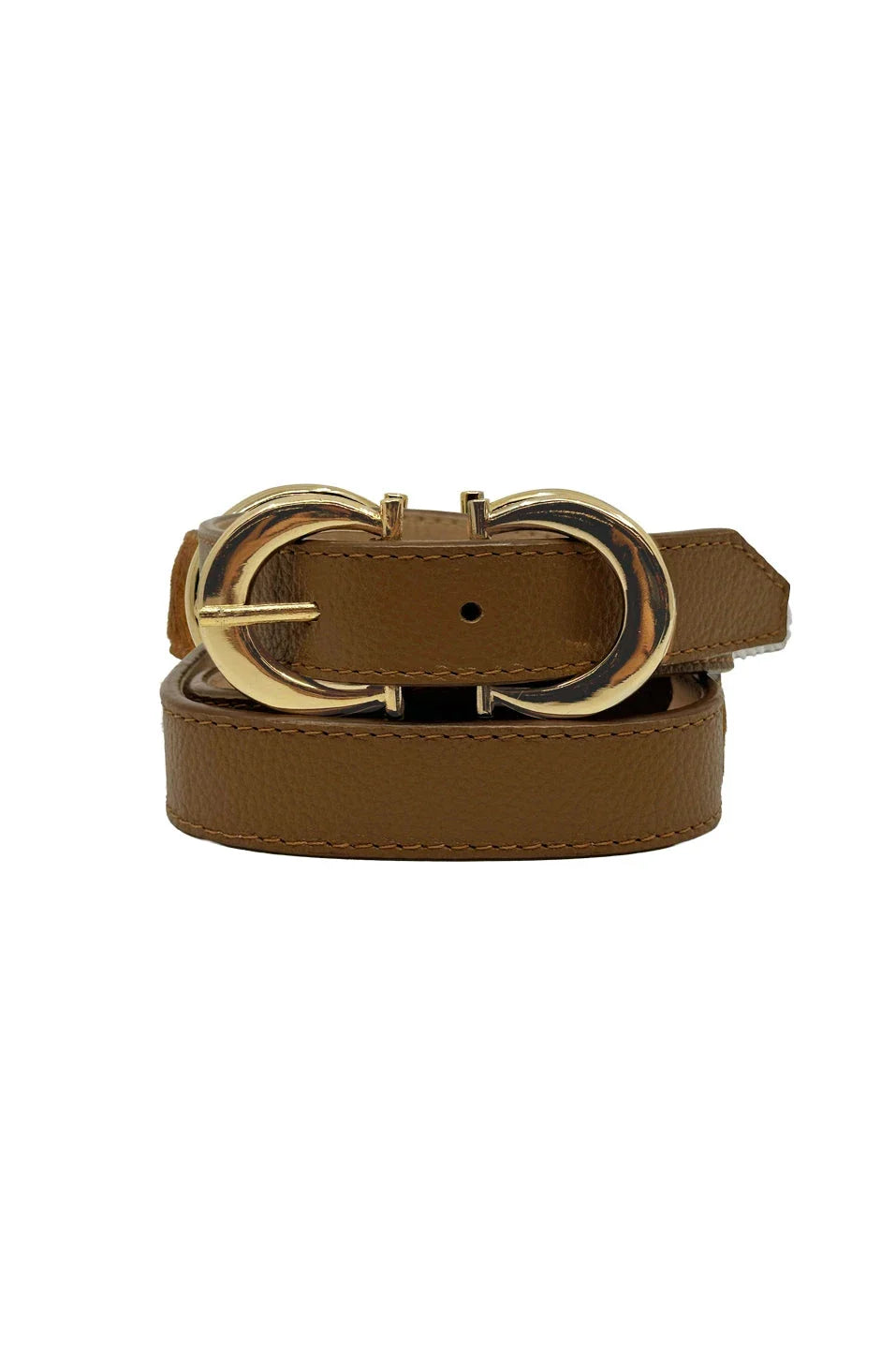 Ivy Skinny Double Buckle Belt Tan Soft Leather