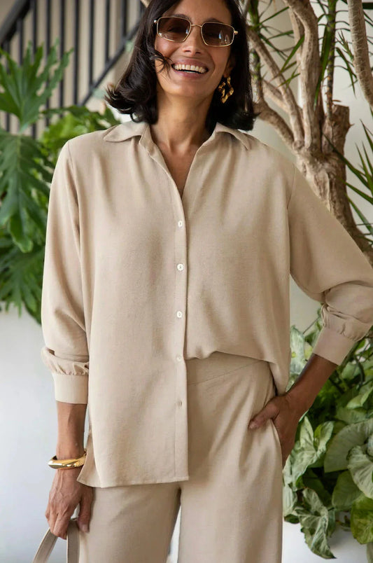 Paola Long Sleeve Collared Top Taupe