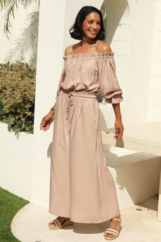 Vittoria Smocked Waist Wide Leg Pants Taupe