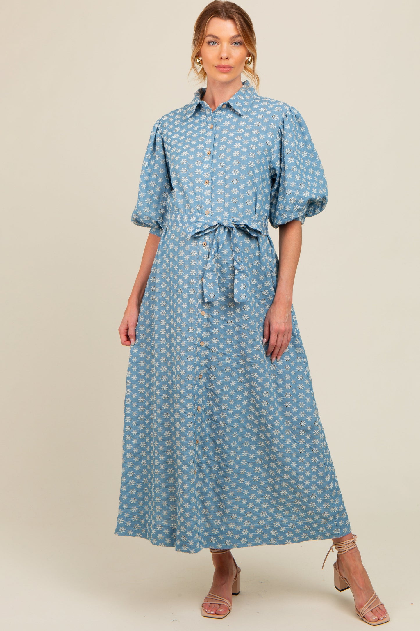 Blue Floral Embroidered Button Down Chambray Maternity Maxi Dress