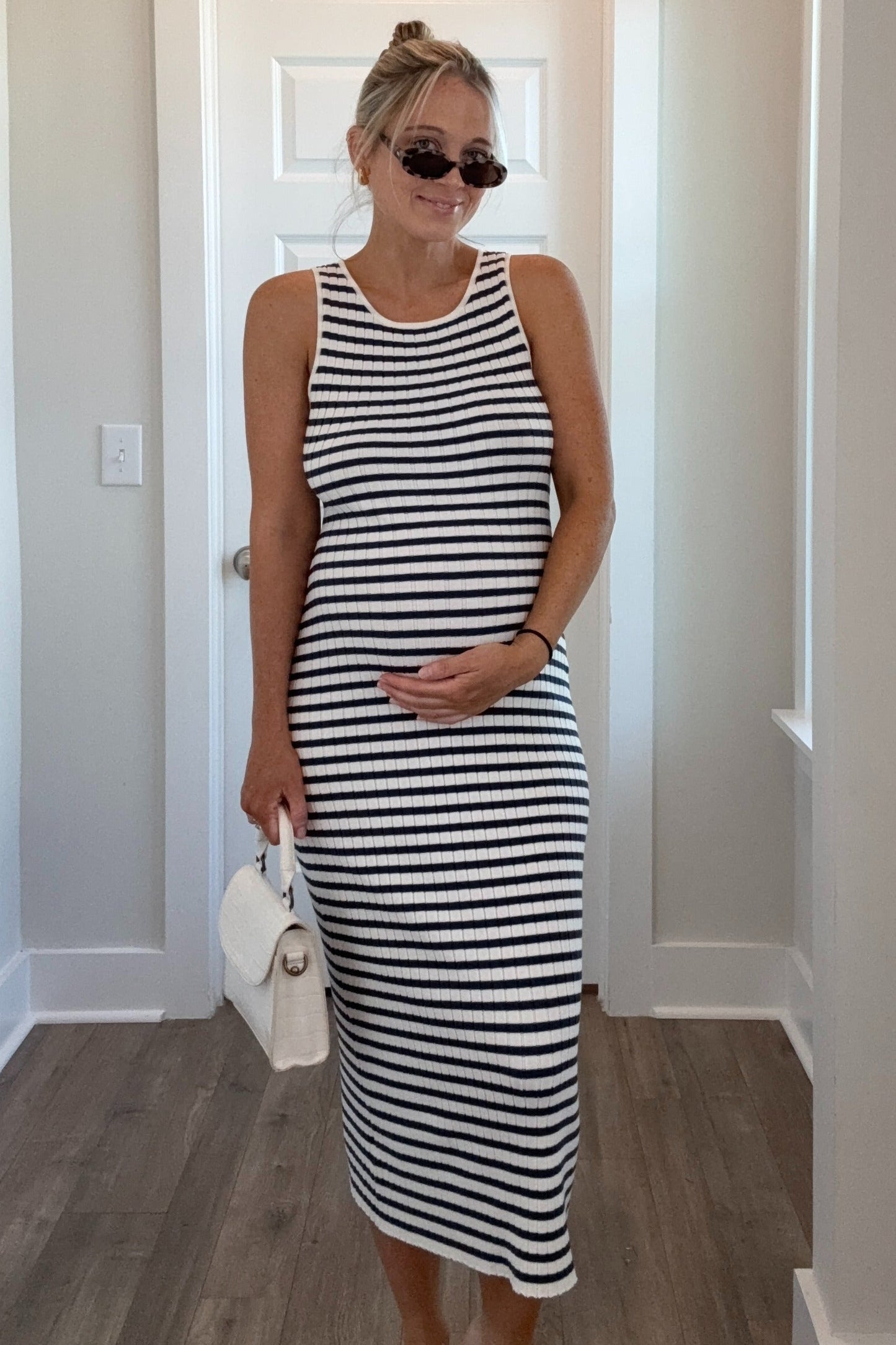 Navy Blue Sleeveless Round Neck Striped Rib Sweater Maternity Midi Dress
