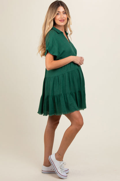 Forest Green Tiered Linen Maternity Dress