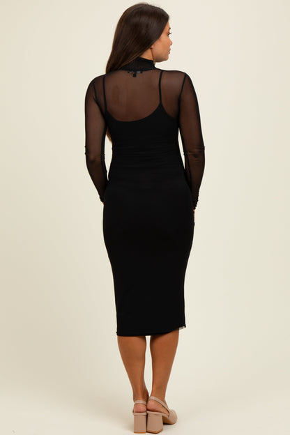 Black Mesh Overlay Fitted Maternity Midi Dress