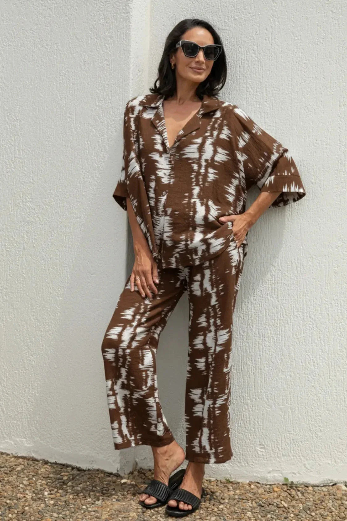 Campania Collared Short Sleeve Top Brown