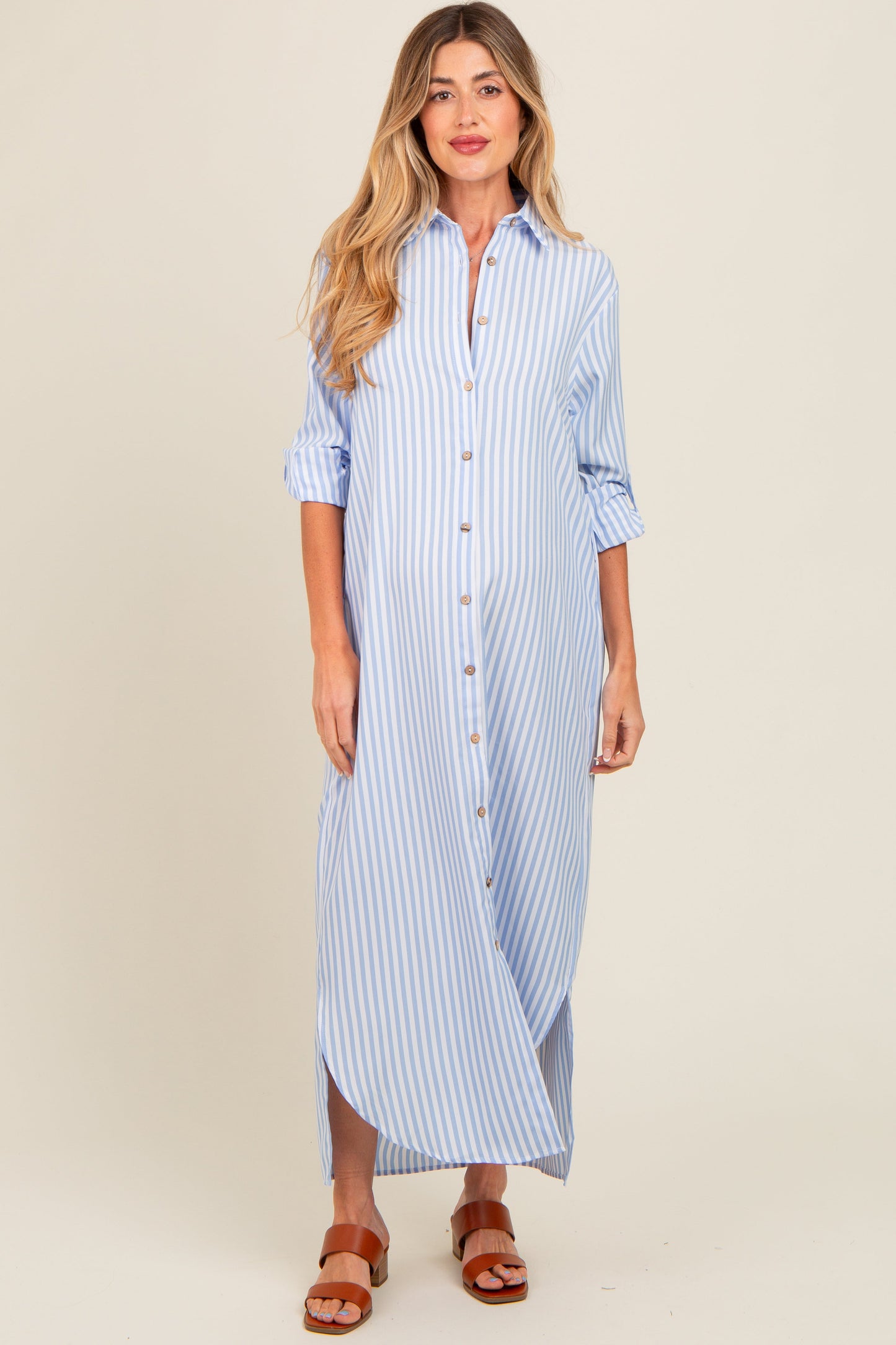 Light Blue Striped Button Down Maternity Maxi Dress