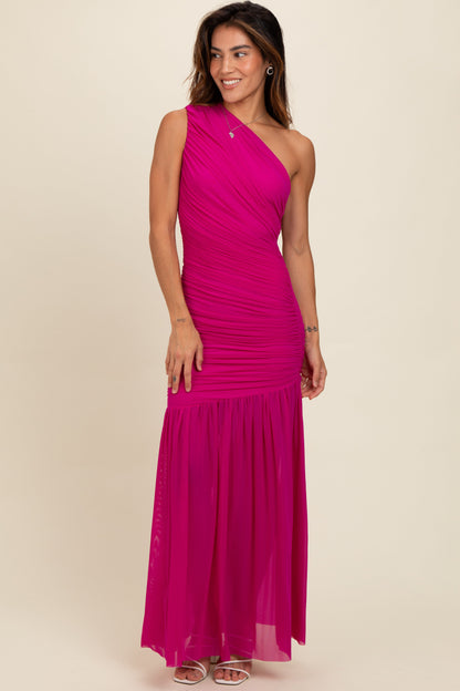 Magenta Ruched Mesh One Shoulder Maternity Maxi Dress