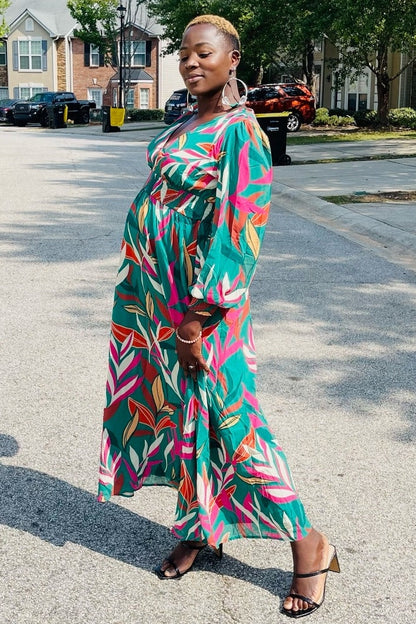 Forest Green Leaf Print Deep V-Neck Maternity Maxi Dress