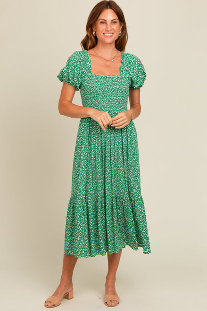 Green Floral Smocked Ruffle Hem Maternity Midi Dress