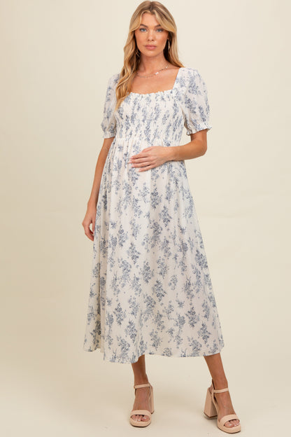Ivory Floral Smocked Sweetheart Neckline Maternity Midi Dress