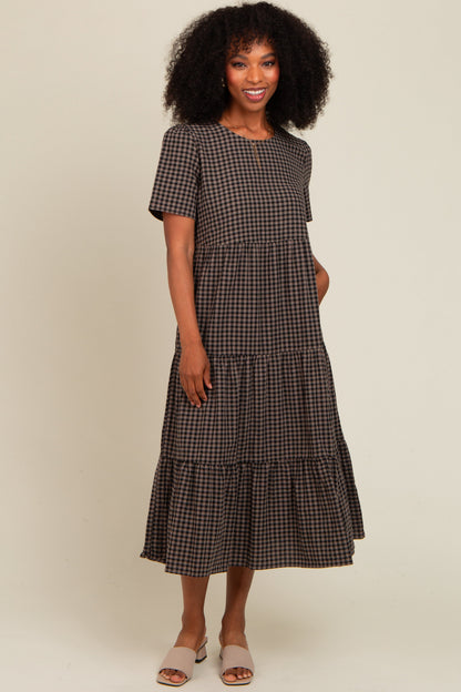 Black Gingham Tiered Maternity Midi Dress