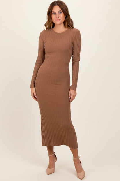 Mocha Ribbed Knit Fitted Maternity Midi Sweater Dress