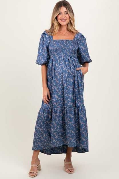 Blue Floral Smocked Hi-Low Puff Sleeve Maternity Maxi Dress