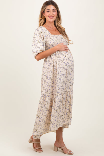 Ivory Floral Smocked Hi-Low Puff Sleeve Maternity Maxi Dress