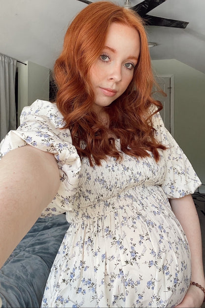 Ivory Floral Smocked Hi-Low Puff Sleeve Maternity Maxi Dress