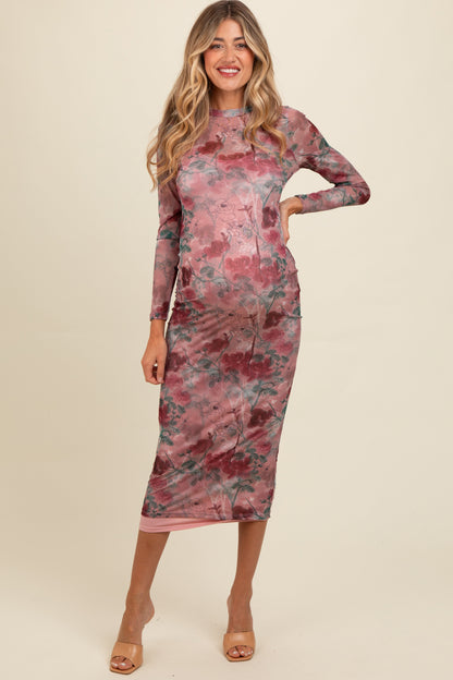 Mauve Floral Printed Mesh Overlay Maternity Maxi Dress