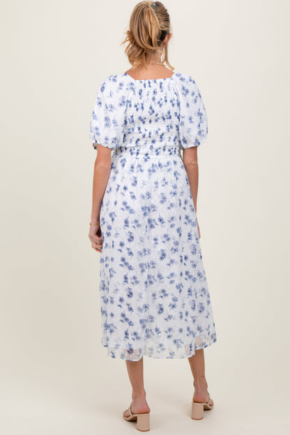 Blue Floral Smocked Bodice Maternity Midi Dress