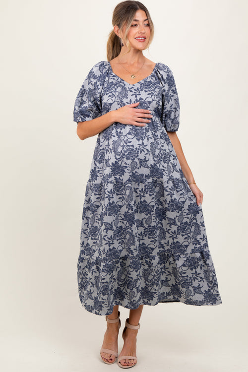 Navy Floral Tiered Puff Sleeve Maternity Midi Dress
