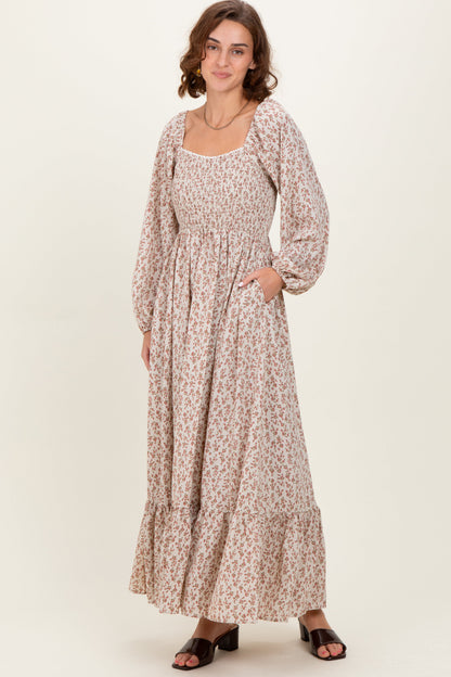 Pink Floral Smocked Lace Trim Sweetheart Maternity Maxi Dress