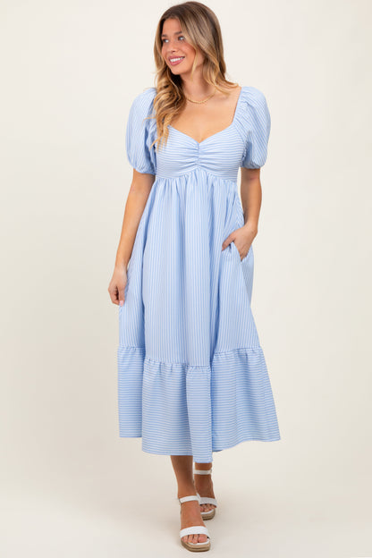 Light Blue Sweetheart Stripe Smocked Back Maternity Midi Dress