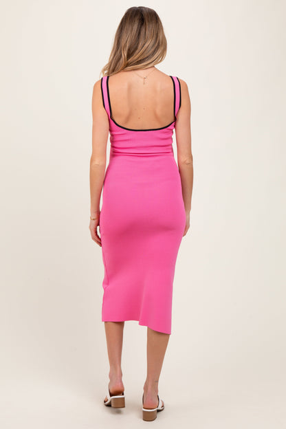 Pink Knit Contrast Trim Square Neck Maternity Midi Dress