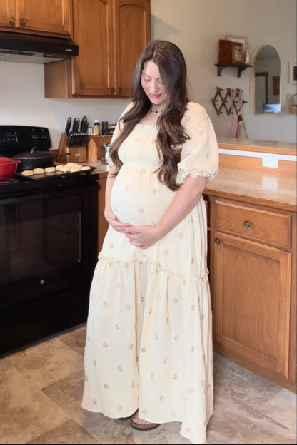 Cream Floral Smocked Puff Sleeve Maternity Maxi Dress
