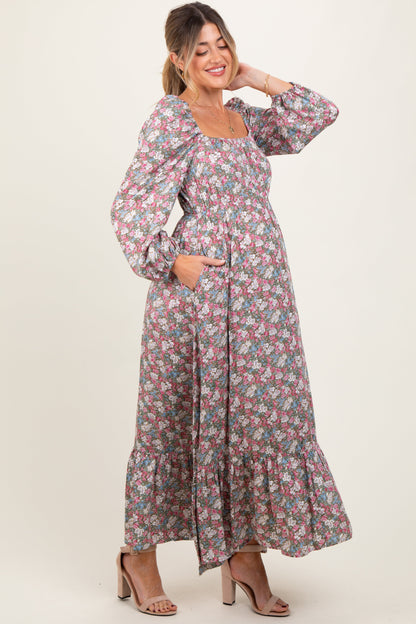 Pink Floral Reversible Long Sleeve Maternity Maxi Dress