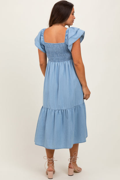 Light Blue Chambray Smocked Flutter Sleeve Maternity Dress