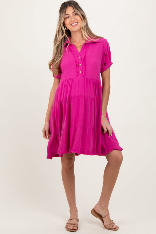 Fuchsia Tiered Collared Linen Maternity Dress