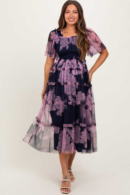 Navy Smocked Top Mesh Ruffled Maternity Midi Dress