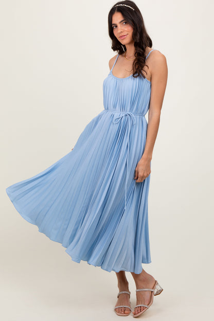 Light Blue Pleated Sash Tie Maternity Midi Dress