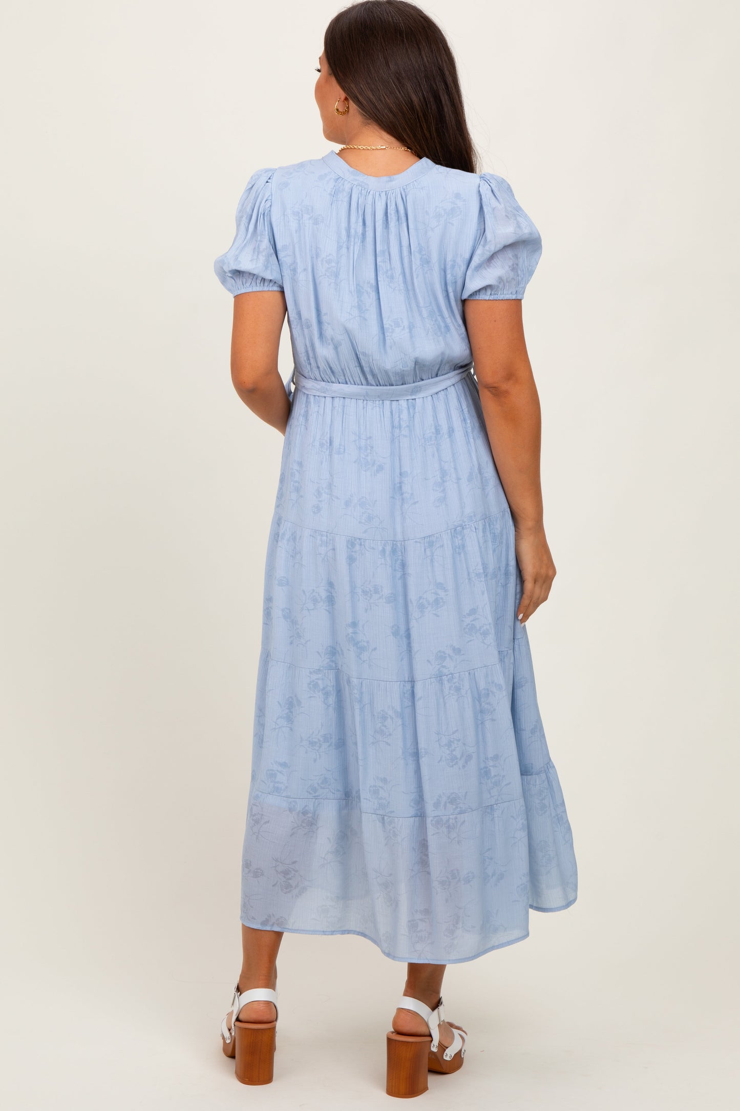Light Blue Split Neckline Tiered Maternity Midi Dress