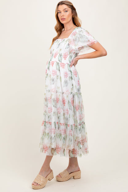 Ivory Floral Mesh Smocked Maternity Midi Dress