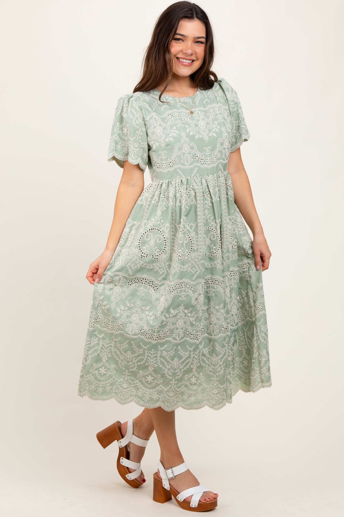 Light Olive Floral Embroidered Tied Waist Maternity Midi Dress