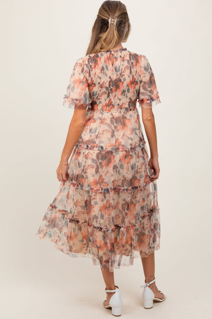Peach Floral Mesh Smocked Maternity Midi Dress