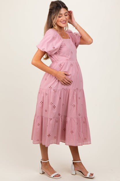 Pink Eyelet Square Neck Maternity Midi Dress