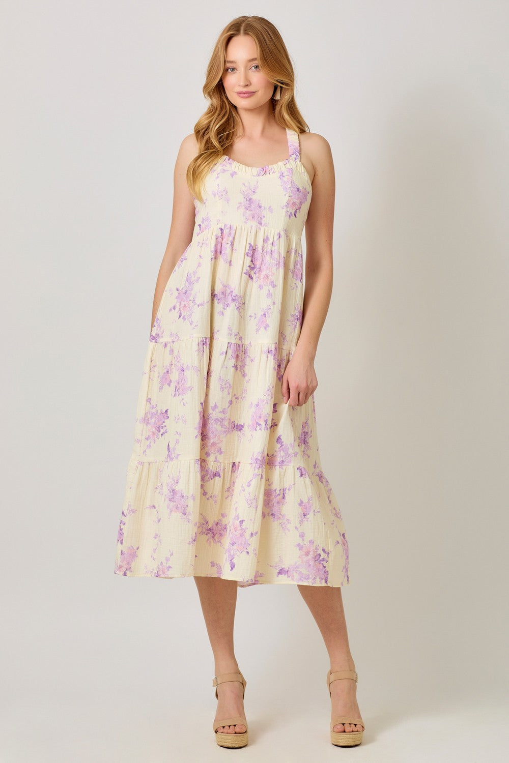 Cream Floral Tiered Crisscross Back Maternity Midi Dress