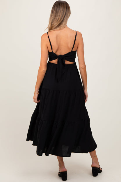 Black Tiered Cutout Tie Back Maternity Midi Dress