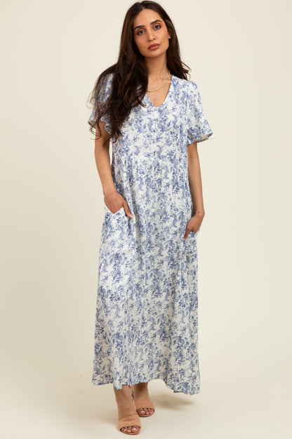 Blue Floral Button Up Tiered Maternity Midi Dress