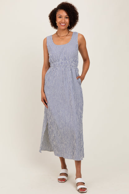 Navy Striped Sleeveless Cutout Side Slit Maternity Maxi Dress