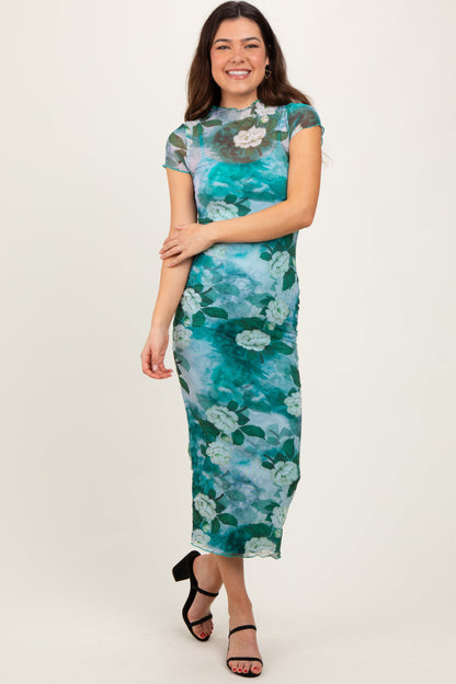 Green Floral Mesh Overlay Fitted Maternity Maxi Dress
