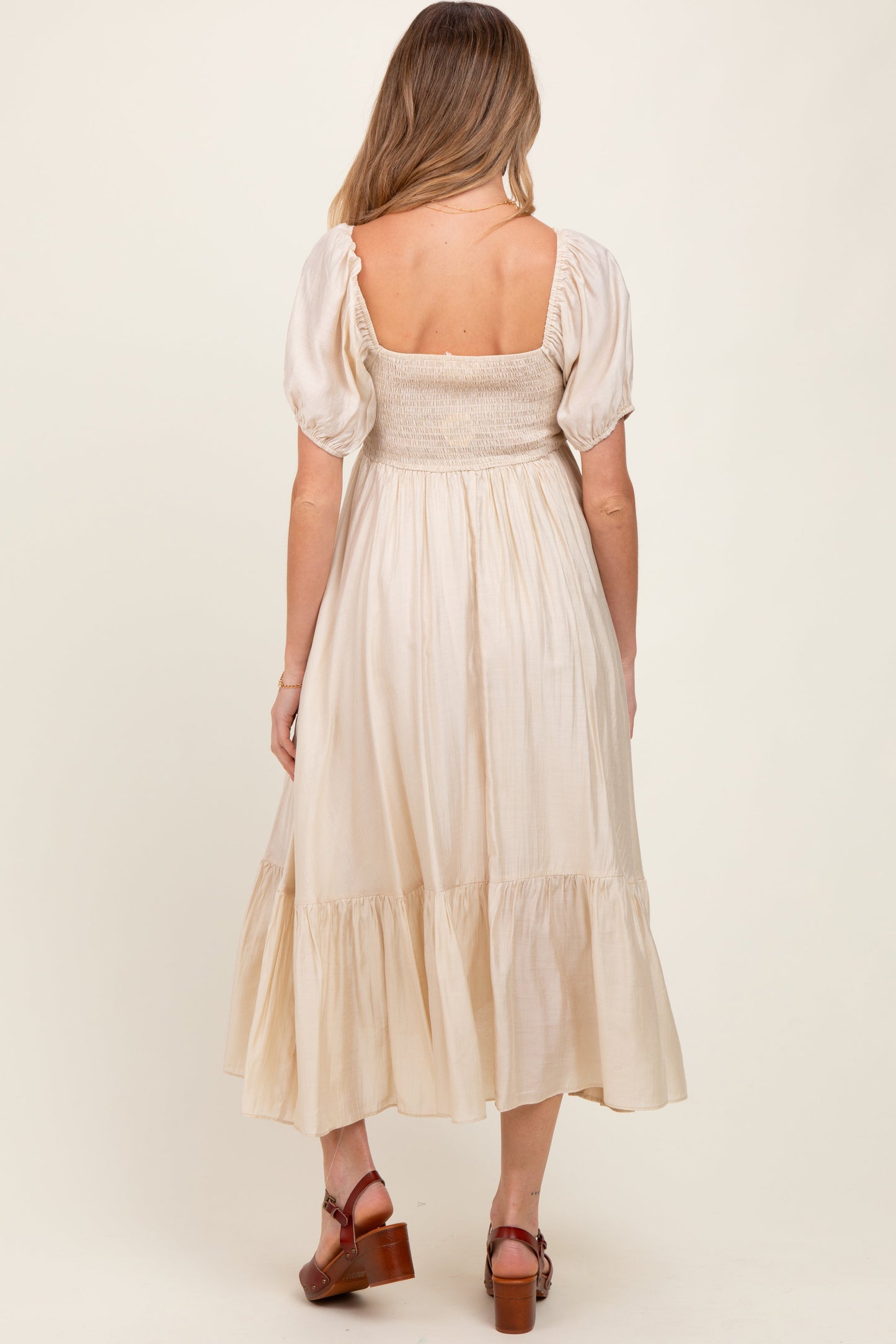 Cream Ruched Sweetheart Neck Tiered Maternity Midi Dress