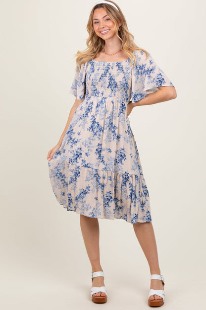 Cream Floral Smocked Maternity Midi Dress
