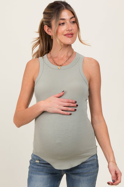Light Olive Ribbed Basic Crew Neck Maternity Tank