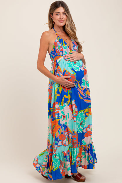 Royal Blue Floral Halter Cutout Tie Back Maternity Maxi Dress