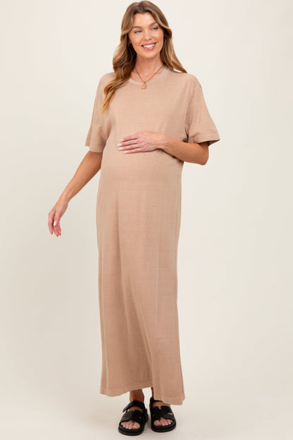 Taupe Short Sleeve Knit T-Shirt Maternity Maxi Dress